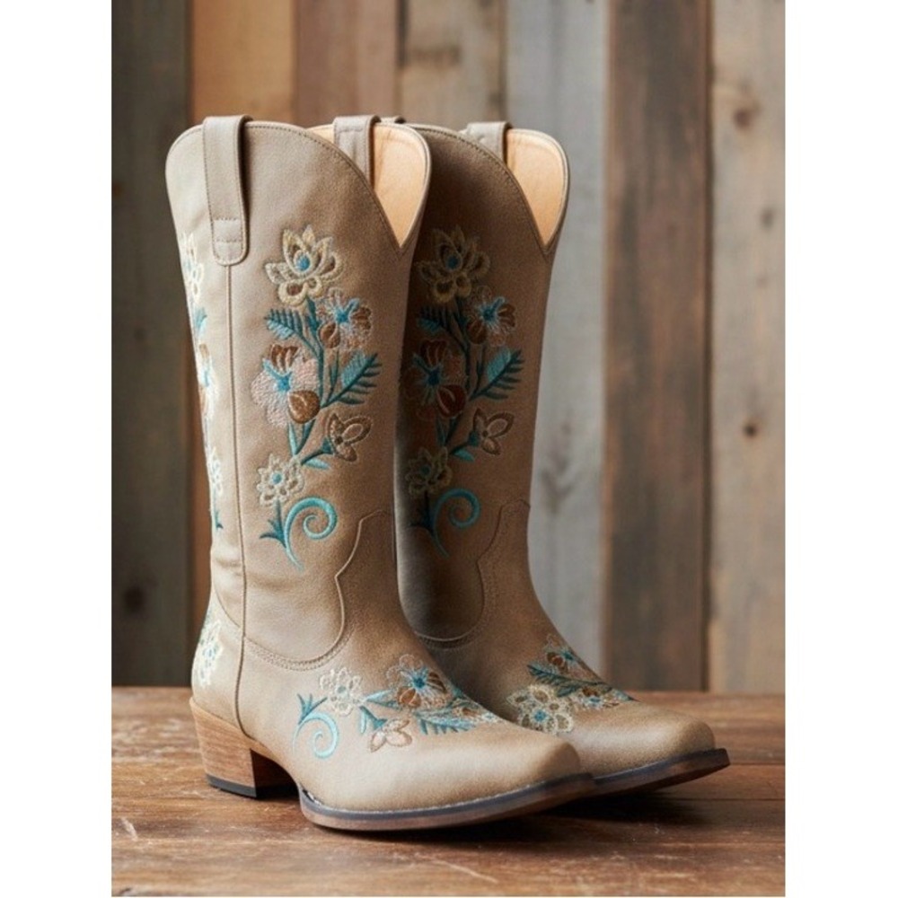 Roper Womens Tan Floral Embroidered Western Cowboy Boots 09-021-1566-2856 Size 7